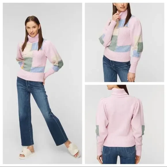 LoveShackFancy Allan Patchwork Turtleneck Sweater Pullover Size M in Autumn Fest